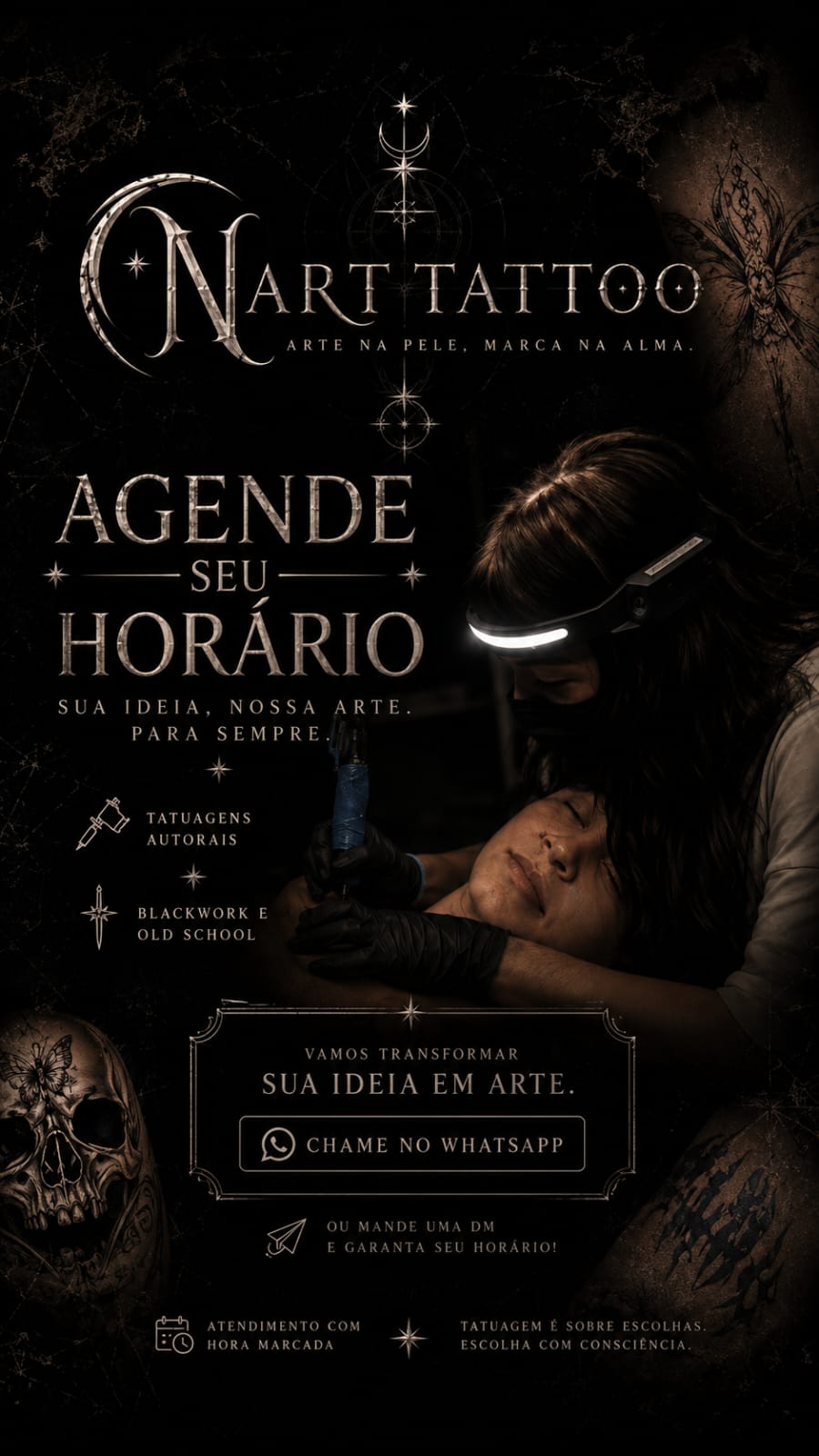Peça de divulgação do estúdio Narttattoo: agende seu horário, arte na pele, marca na alma